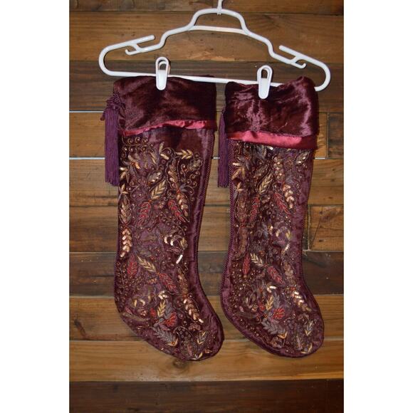 Sudha Beaded Christmas Stockings Burgundy Gold Velvet Tassels Lotof 2 Embroidery - Picture 1 of 5